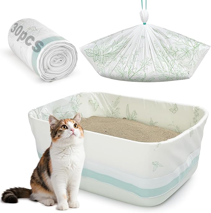 Bienbee Litter Box Liners, 30 Pack 36" x 19" Large Size Cat Litter Bags Extra Thick Cat Box Liners Easy Cleanup Tear Resistant Heavy Duty Cats Litters Pan Liner with Drawstring Pet Cats Supplies