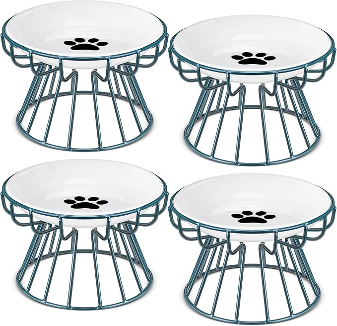 Roshtia 4 Sets Elevated Cat Bowls Ceramic Raised Cat Food Bowls with Metal Stand Dishwasher Safe Dishes Non Slip Elevated Food Plate(Green,Paw)