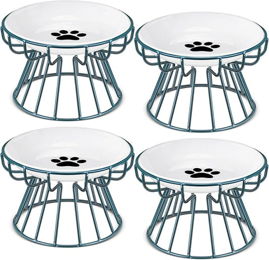 Roshtia 4 Sets Elevated Cat Bowls Ceramic Raised Cat Food Bowls with Metal Stand Dishwasher Safe Dishes Non Slip Elevated Food Plate(Green,Paw)