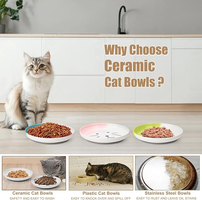 Shallow Ceramic Cat Bowls, 5.9 Inch Wide Cat Dishes Whisker Friendly, 3 Pack Pet Food and Water Plates with Non Slip Mats