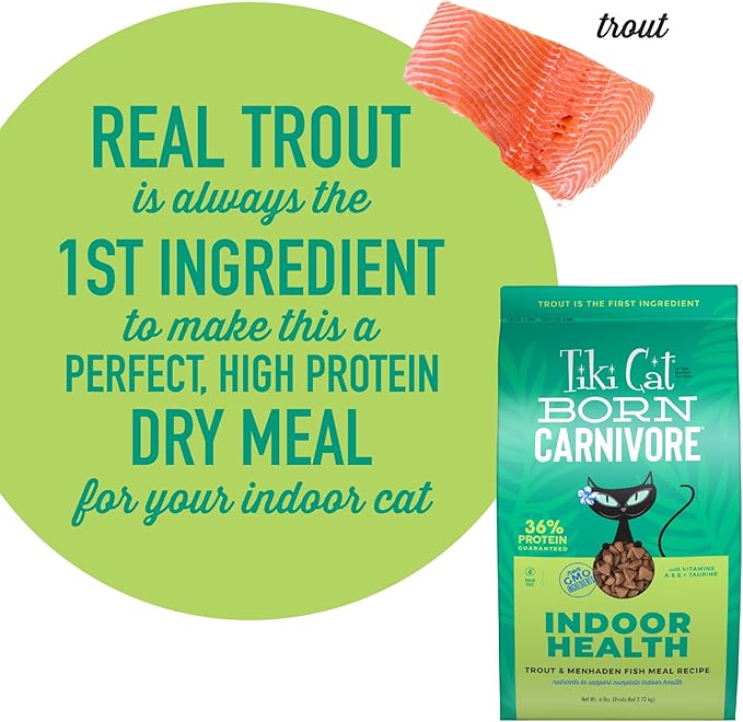 Tiki Cat Born Carnivore Indoor Health, Trout & Menhaden Fish Meal, Grain-Free Baked Kibble to Maximize Nutrients, Dry Cat Food, 6 Lbs. Bag