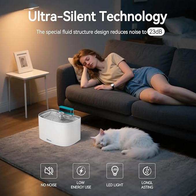 Cat Water Fountain, App Control Cat Fountain, 122oz/3.6L Pumpless Water Fountains for Cats Indoor with Stainless Steel Tray, Wi-Fi Dog and Pet Water Fountain (White, Fountain+2 Fliters)