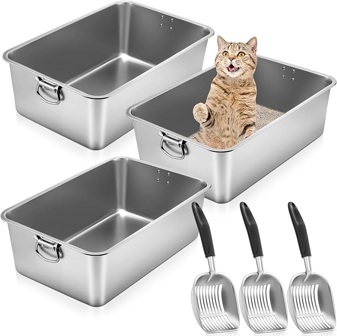 Lallisa 3 Set 201 Stainless Steel Cat Litter Box Set with Handle and Scooper (23.6" x 15.7" x 7.9") Large Nonstick Metal Litter Pan Box for Large Cats Nonstick Never Absorbs Odor