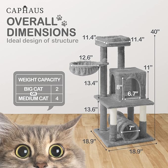 CAPHAUS Large Cat Tree with Scratching Posts, Cave Condo, 40-Inch Multi-Level Indoor Activity Structure with Basket for Cats, Modern Sisal Wrapped Design