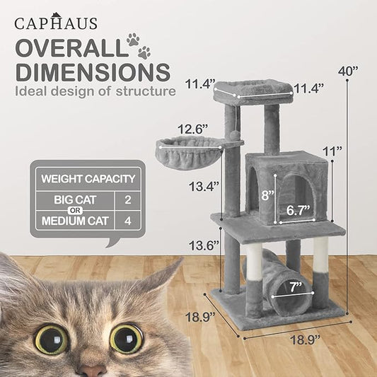 CAPHAUS Large Cat Tree with Scratching Posts, Cave Condo, 40-Inch Multi-Level Indoor Activity Structure with Basket for Cats, Modern Sisal Wrapped Design