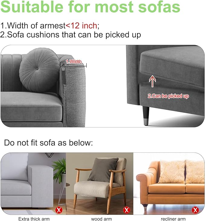 Cat Scratch Couch Protector,23.6L*19.6W inch Scratching Furniture Protector Pad,Cat Scratch Sofa Arm Sheild with Grey Natural Sisal for Protecting Couch Sofa Chair Furniture (Grey/Left Hand)