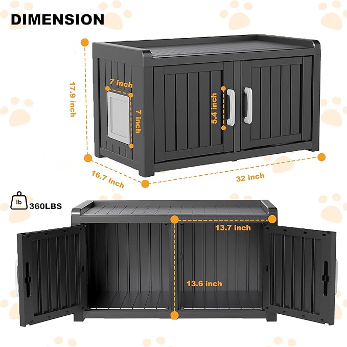 Cat Litter Box Enclosure Resin Hidden Cat Litter Box Furniture Multi-Functional Double Door Spacious Odorless Waterproof UV-Resistant Indoor Outdoor Use Black