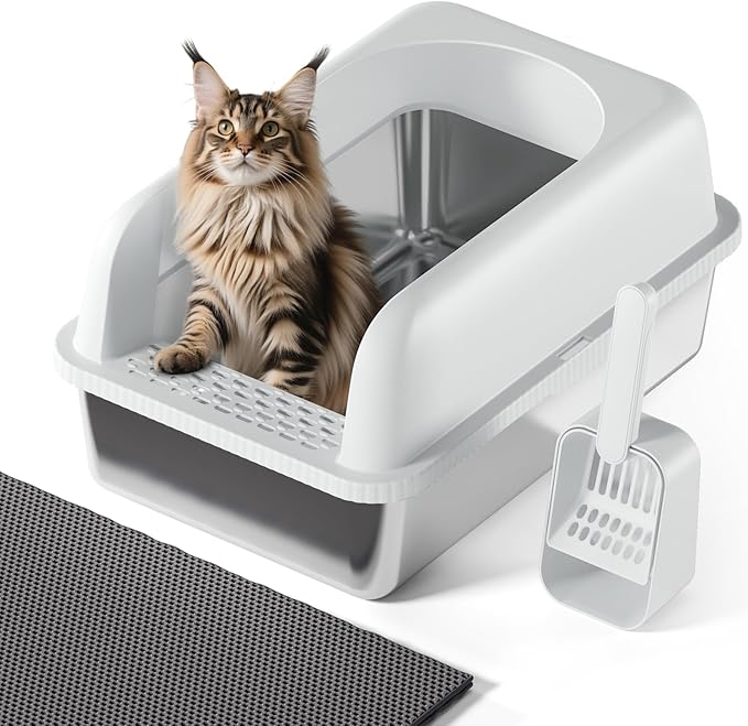 Stainless Steel Cat Litter Box with Lid, 24" L x 16" W x 11.8" H, Large Cat Litter Box for Multiple Cats with High Sided, No-Leak & Stick, Easy to Clean, Includes Litter Mat & Multi Functional Scoop