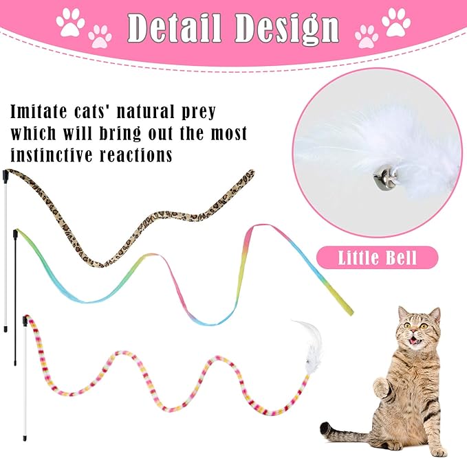 6 Pieces Cat Toys Interactive Cat Wand Toys with Feather and Bell Safe Teaser Catcher Stick Toy Colorful and Sounding Christmas Wand for Cats Kittens Training Pets Exerciser