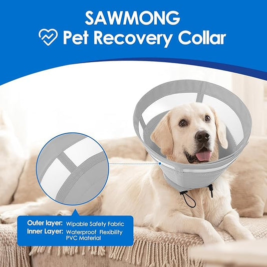 SAWMONG Soft Dog Cone for Large Dogs, Adjustable Pet Recovery Collar to Stop Licking, Comfy Elizabeth E-Collar for Dogs After Surgery Alternative (L,Grey)