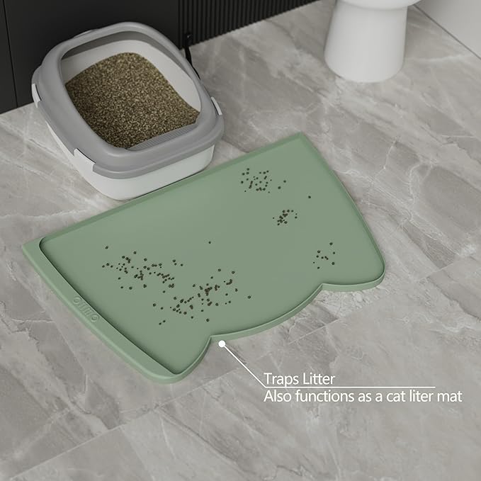OHMO Dog Food Mat(Sage Green, 24 * 15'') w/Residue Collection Pocket Silicone Pet Feeding Mat for Floor High Edges Anti Spills Waterproof Cat Water Bowl Tray, Easy Clean Placemat