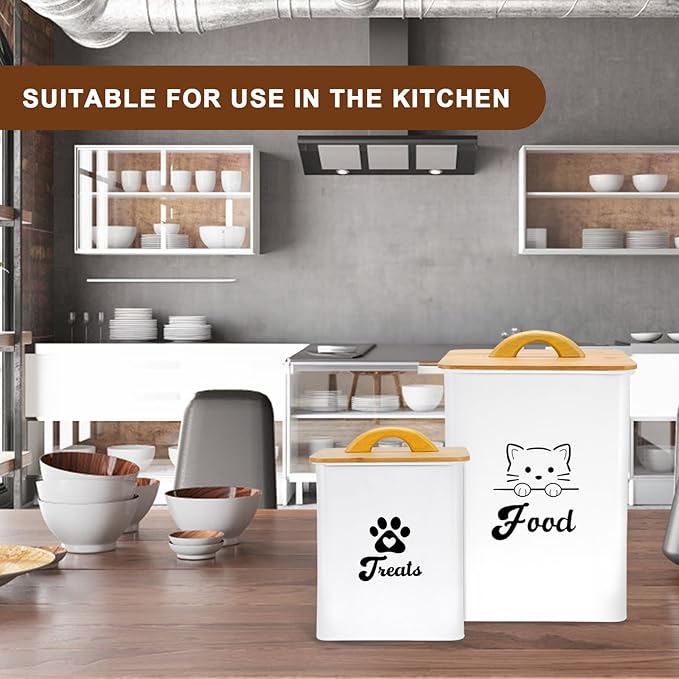 Cat Food Storage Container with Scoop, 2PCS Cat Food Storage Container with Lids Airtight, Cat Treat Jars for Kitchen Counter-7+3Lbs, Cat Cookie Jar for Storage, White