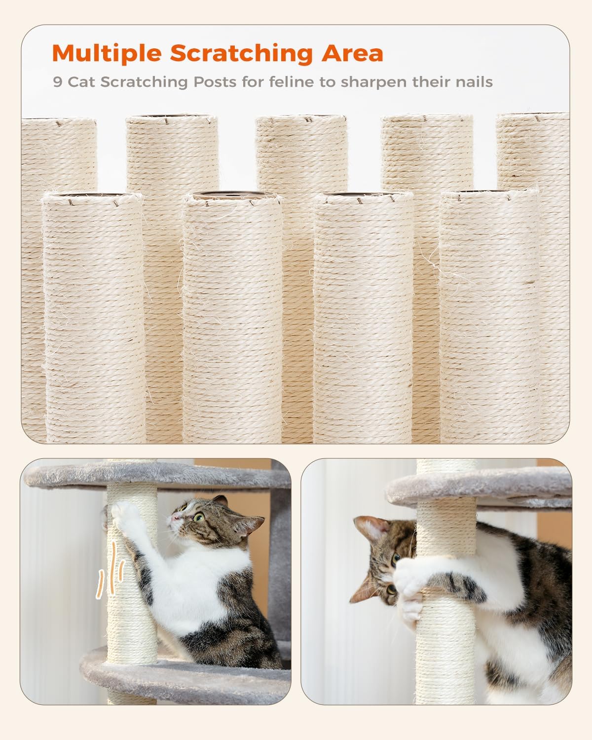 PETEPELA 61" Cat Tree for Indoor Cats, [6-Levels] Cat Climbing Tower with 9 Sisal Scratching Posts and Replaceable Dangling Ball &Top Perch, Grey