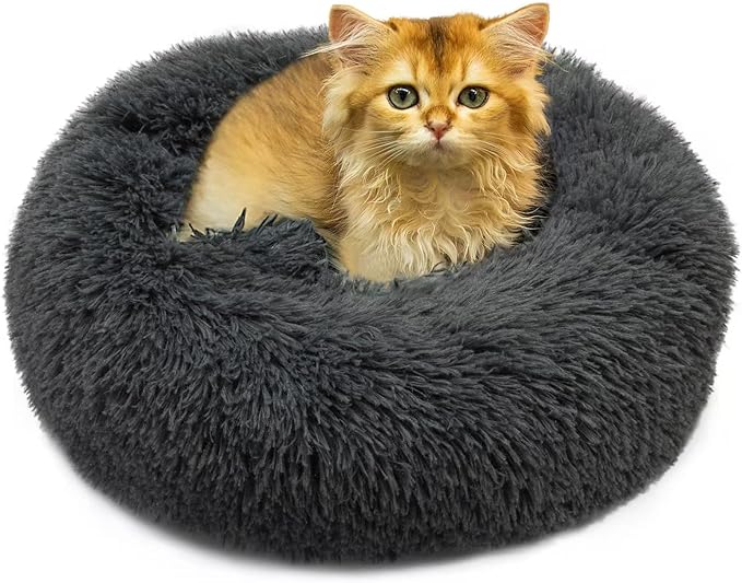 Dog Bed, Fluffy Round Pet Bed Non-Slip, Calming Soft Plush Donut Cuddler for Indoor Small Dogs Kittens, 15 inches Cat Bed Machine Washable, Dark Gray
