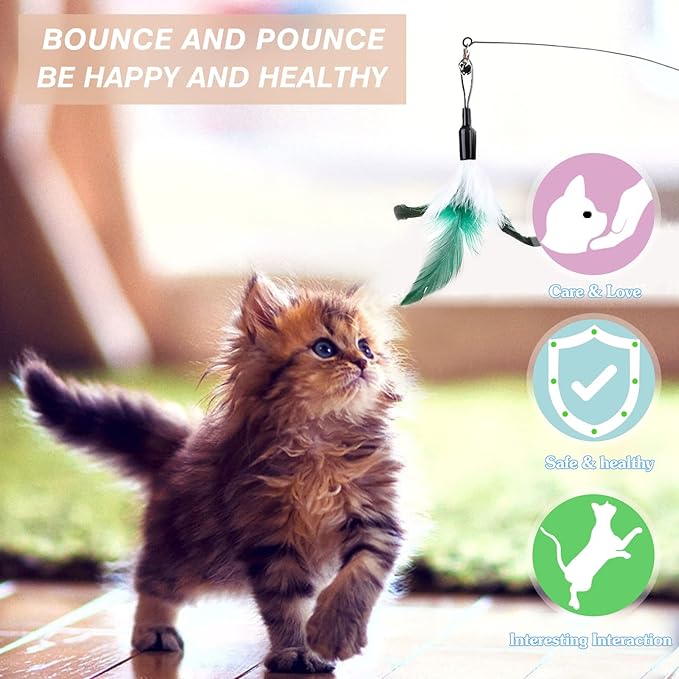 Pawaboo Feather Teaser Cat Toy, Interactive Feather Wand Cat Toy Flying Feather Cat Catcher with Extra Long 34.5" Wand and Small Bell, Fun Exerciser Playing Toy for Kitten or cat, White & Green
