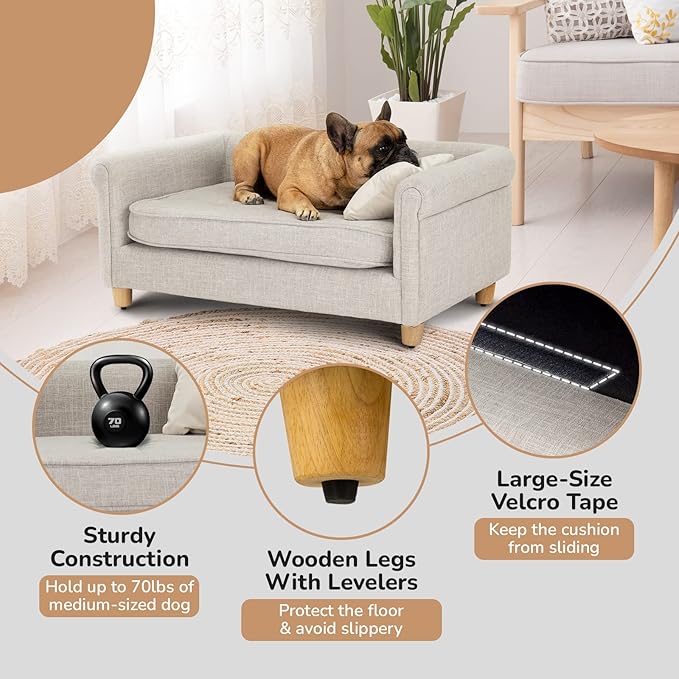 dCee Dog Sofa Bed, 33 Inch Light Gray Couch for Medium Dogs up to 70 Lbs, Offering Soft Velvety Comfort, Joint Support, and a Washable Cushion Cover for Practical Cleaning