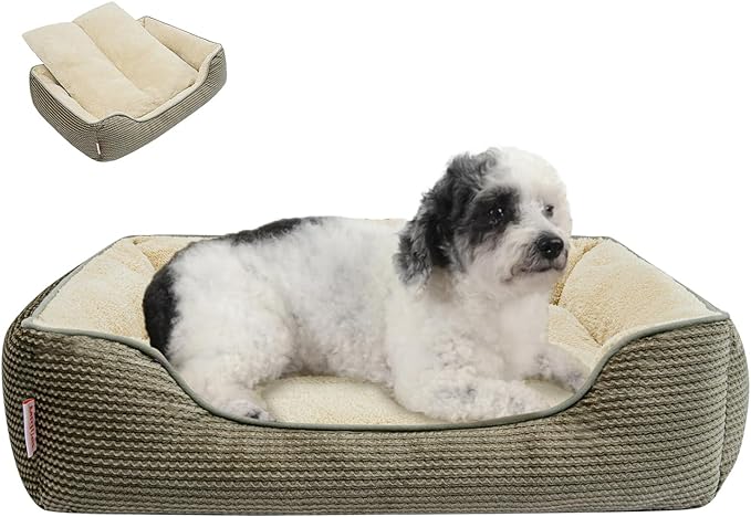 Miguel Dog Bed with Removable Cushion/Pillow for Medium Small Dogs, Washable Pet Bed with Side Easy to Wash Puppy Bed, Large Rectangle Cat Bed for Indoor Cat with Anti-Slip Bottom, Khaki 25 Inch