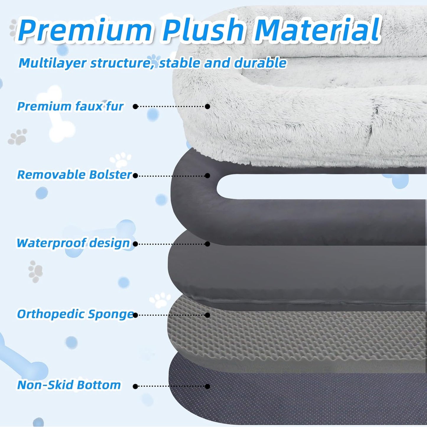 Human Dog Bed - 71"x45"x12" Fits You & Pets, Washable Faux Fur, Orthopedic, Plump Pillow, Blanket, Strap - Grey