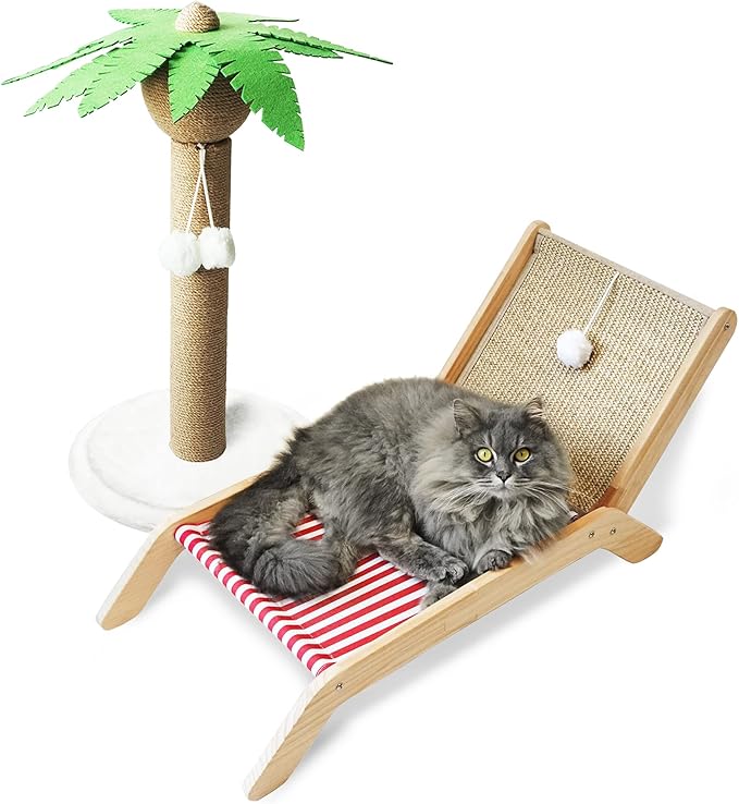 PETKARAY Cat Hammock with Coconut Palm Tree Scratching Post, Cozy Beach Chair Elevated Cat Beds, Original Lounger for Indoor Cats