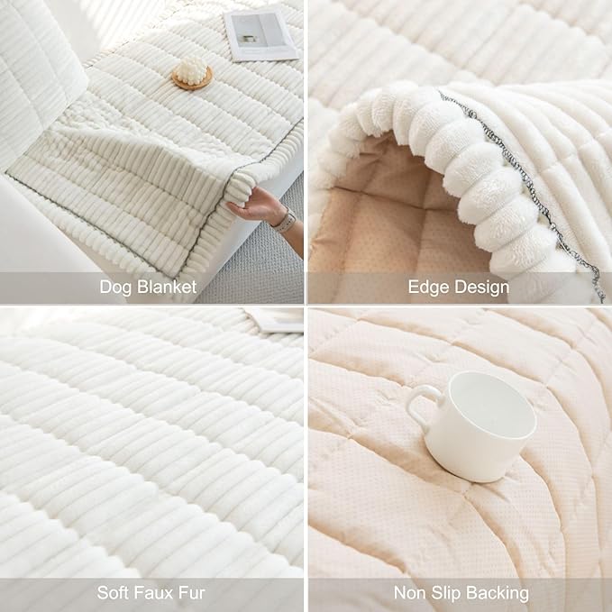 Faux Fur Plush Dog Couch Cover 3D Stripe Fuzzy Sofa Cover Non-Slip Fluffy Dog Bed Cover Pet Blanket Sofa Couch Furniture Protector for Puppy Large Dog Cat (Cream,35"x82")