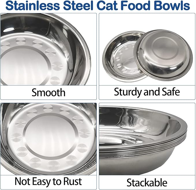 kathson 8 Pcs Stainless Steel Cat Food Bowls, Replacement Whisker Relief Cat Metal Dishes, Shallow Wide Cat&Dog Food and Water Bowl Suitable for Pet Feeding Stand, Dishwasher Safe (10.22 Inch Dia.)