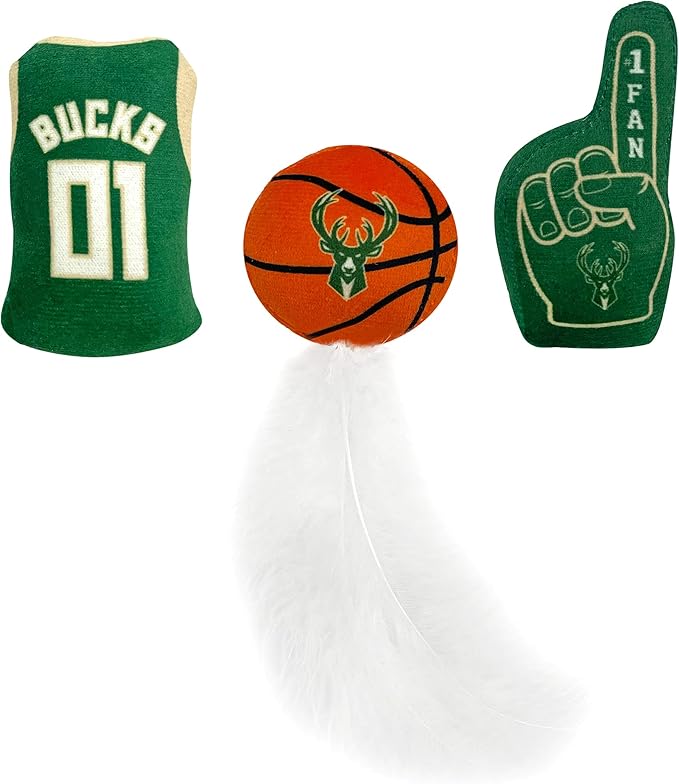 Best Plush CAT Toy NBA Milwaukee Bucks Complete Set of 3 Piece Cat Toys Filled with Fresh Catnip. Includes: 1 Jersey Cat Toy, 1 Basketball Cat Toy with Feathers & 1#1 Fan Cat Toy. Beautiful Team Logo