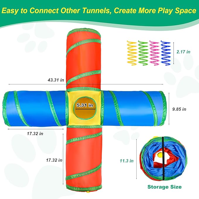 Cat Tunnel for Indoor Cats, 4 Way Large Cat Play Tunnel Tube with 12 Springs, Folded Pet Tube with Interactive Peephole, Large Rainbow Pet Tunnels for Indoor Kitten Rabbit