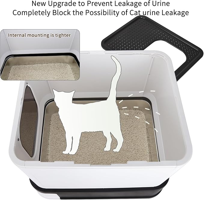 RIZZARI Stainless Steel Cat Box: Enclosed Design with High Walls - Black - Large Litter Pan for Odor Control Indoors