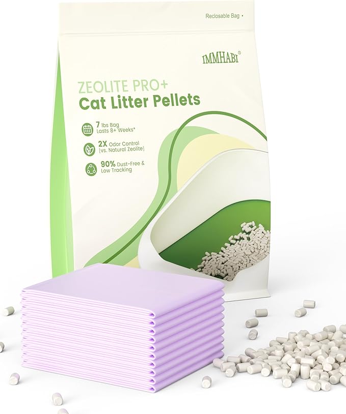 Enhanced Zeolite Cat Litter Pellets 7lbs & Cat Pee Pads 10 Count - Refill for Tidy Cats Breeze Litter System | Premium Stainless Steel Shifting Tray