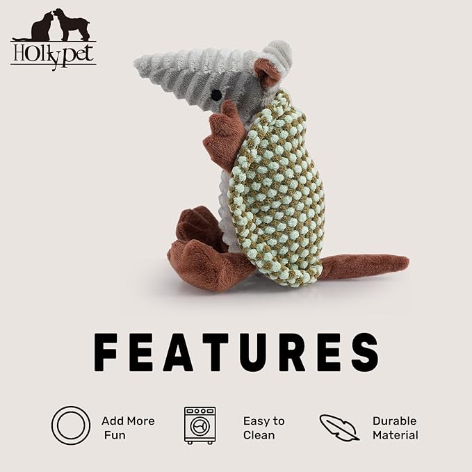 Hollypet Plush Dog Squeaky Toy Stuffed Armadillo Animal Pet Puppy Chew Toys with Clean Teeth for Small Medium Large All Breed Sizes Dogs, Light Green and Olive Drab,8 in