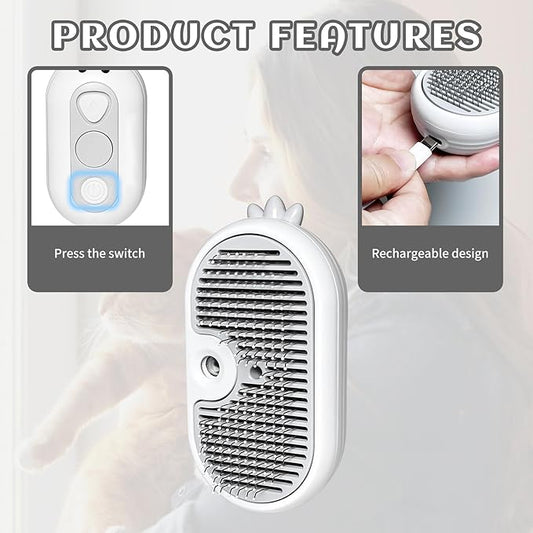 3-in-1 Rechargeable Steam Brush for Cats & Dogs - Anti-Static Spray Pet Grooming Brush with Warm Mist Massage, Hair Shedding Control, Detangling Comb & Cleaning Tool for Effective Deshedding