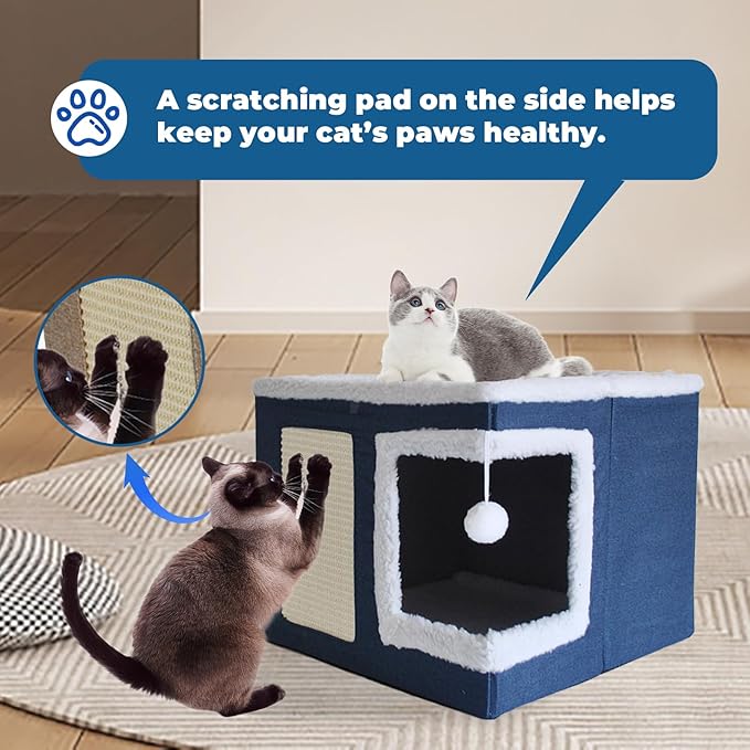 Cat Bed for Indoor Cats Cube House,Large Covered Cat Beds Cave & Furniture with Fluffy Ball and Scratch Pad Foldable Hideaway Nest & Condo with Washable Mat for Kitten Kitty Small Pet(Navy Blue)