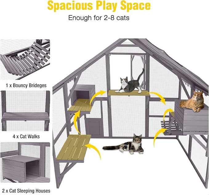 Aivituvin Catio Outdoor Cat Enclosure Large for Multiple Cats Wooden Cat House Outside Kitty Condon Cat Run Weatherproof