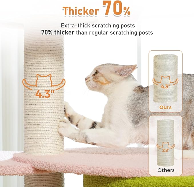 50" Pink Flower Cat Tree for Large Heavy Cats, Maine Coon Cat Tower with Extra Thick Scratching Posts (φ4.3in), Spacious Cat Condo for Big Cats 20 lbs, Soft Top Bed-Green