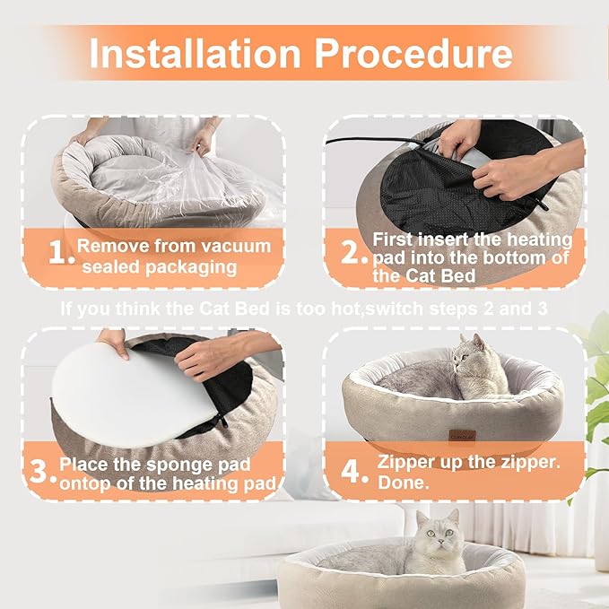 CLAYCLAY Heated Cat Bed for Indoor Cats - 20" Cozy Washable With Timer & Temperature Adjustable, Non-Slip Bottom, Removable, Pet Heating Pad With Waterproof