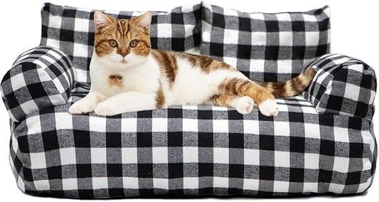 Cat Couch Bed - Cat Bed for Indoor Cats, Calming Pet Sofa Puppy Sleeping Bed with Removable Washable Cover, Cute Dog Couch and Kitty Lounge Chair for 18lbs Cats & Small Dogs(Black & White)