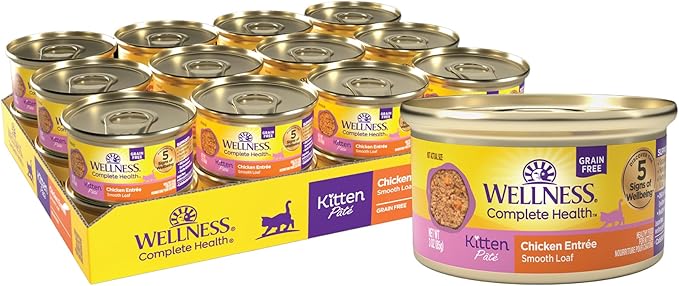 Wellness Complete Health Pate Kitten Wet Cat Food, Natural, Protein-Rich, Grain Free, 3 Ounce, 24 Pack, (Chicken)
