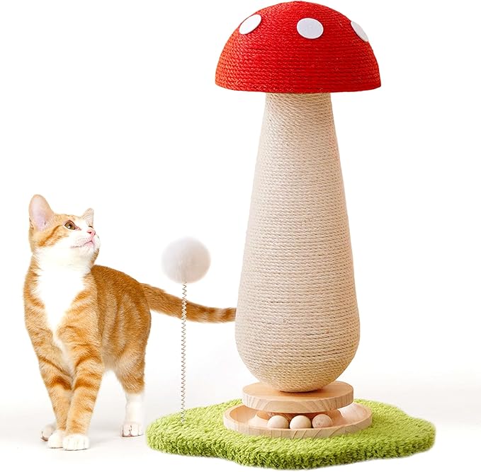 21.5‘’ H Cat Scratching Post with Catnip,Cute Mushroom Cat Scratcher Post with Durable Solid Wood Turntable Toy,Mushroom Shape Design Cat Toy Cat Sisal Scratcher for Indoor Cats (Cloud Base)