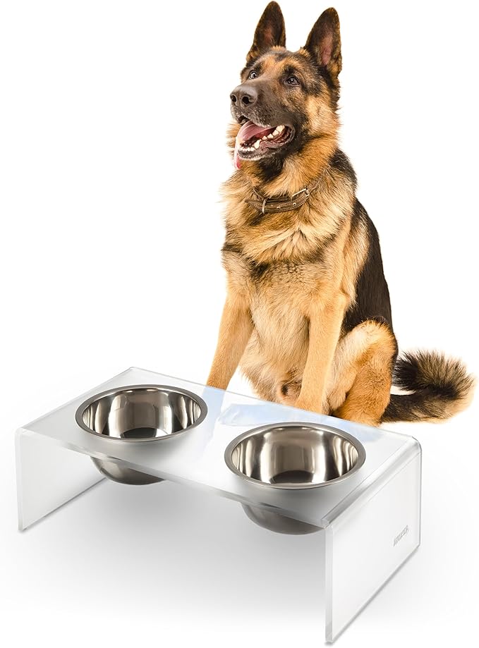 THE LICKER STORE DBL2001K Keaton 7.5" Medium/Large Modern Acrylic Rectangular Elevated Pet Feeder with 54oz 2-Stainless Steel Bowls, Moon White/Chrome