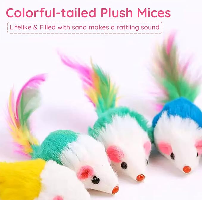 Cat Toys, 6 Pack Furry Rattle Mouse Toy Interactive Cat Toy with Feather Tail, 6 Assorted Faux Fur Kitten Toy 5.5” Realistic Size Mini Mice Cat Toy for Bored Indoor Adult Cat