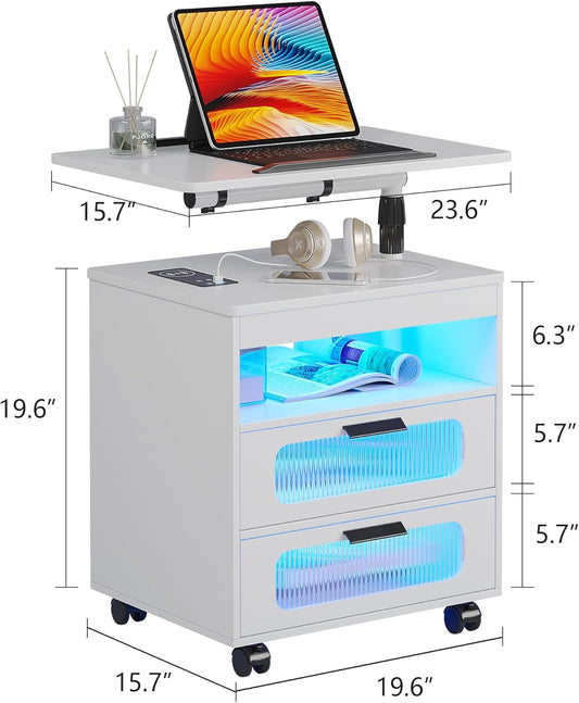 HNEBC Nightstand with Wireless Charging Station, LED Nightstand Has Adjustable Rotary Workstation,Smart Night Stand with 2 Drawers,Modern Bedside Table for Bedroom, Sensor Light/Wheel (White)