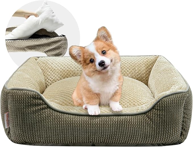 Miguel Cat Bed for Indoor Cats Washable Removable Cover - Small Pet Bed with Side Square Dog Bed Rectangle Soft Puppy Bed Bolster Cuddle Kitten Bed with Wall Slip-Resistant Bottom, Khaki 20 Inch