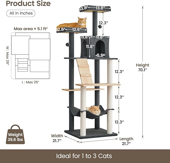 MWPO Large Modern Cat Tree, 70.1-Inch Wood Cat Tower for Indoor Cats, Multi-Level Tall Cat Condo with 2 Padded Perches, Hammock, Scratching Posts, Dangling Toys, Smoky Grey