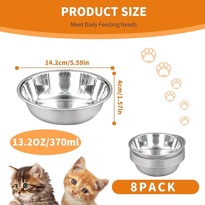 8pcs Stainless Steel Cat Bowls for Indoor Cats, 5.6" Metal Puppy Bowls Small Dog Water Bowl, 13 OZ Kitten Food Bowl Shallow Pet Bowls, Easy to Clean Cat Dishes for Food and Water