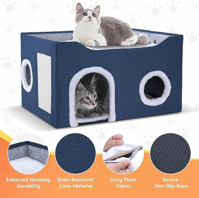 Cat House for Indoor Cats – Foldable Cat Cave & Covered Cat Bed, Cozy Hideaway for Small Pets and Large Cats (23.6"x16"x12.8"),Navy Blue