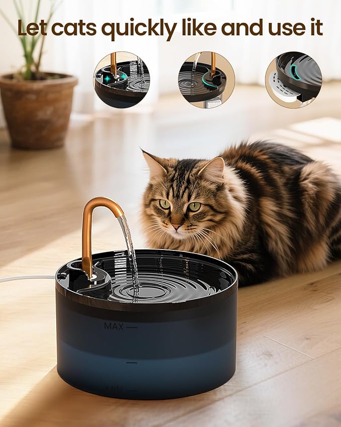 Cat Water Fountain, 71oz/2.1L Cat Fountain for Drinking with Copper Faucet, MISFANS-Designed Pump & Filter, Plastic Automatic Pet Water Fountain Bowl & Dispenser with 6-Pack Replaceable Filters