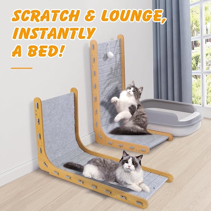 Cat Scratcher for Indoor, 26.8 Inch L Shape Cat Scratching Board, Felt Cat Scratchers Pads with Ball Toy(Grey)