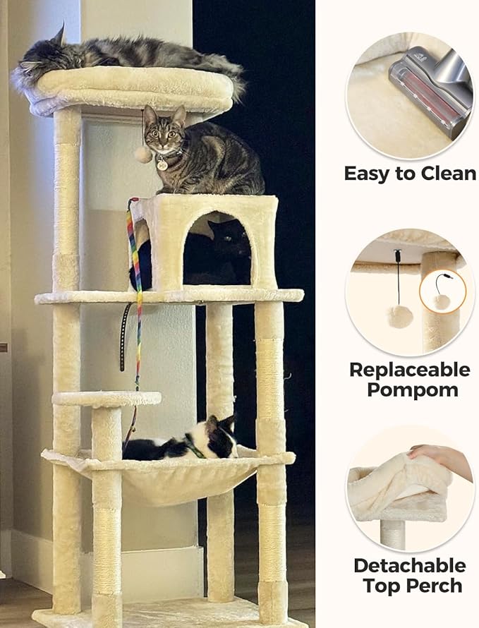 Cat Tree for Large Cats Adult with Metal Plush Big Hammock, 56.3" Cat Tower with 2 Door Condo House, 6-Tier Cat Shelves with Scratching Posts and Large Top Perch, Beige