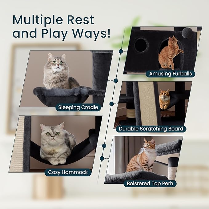 SHA CERLIN 65in Larger Cat Tree Tower Condo for Indoor Kitties/Multi-Level Furniture Activity Center with Wide Base/Cozy Plush Cat Perches/Baskets/Sisal Scratching Posts and Hammock/Dark Grey