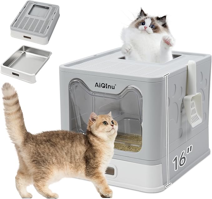 AiQInu Stainless Steel Cat Litter Box wtih Lid and Scoop- Up to 20 LBS, Foldable Large Enclosed Metal Litter Box with High Sided Enclosure for Big Cats - Anti Leakage No Smell, Easy Cleaning